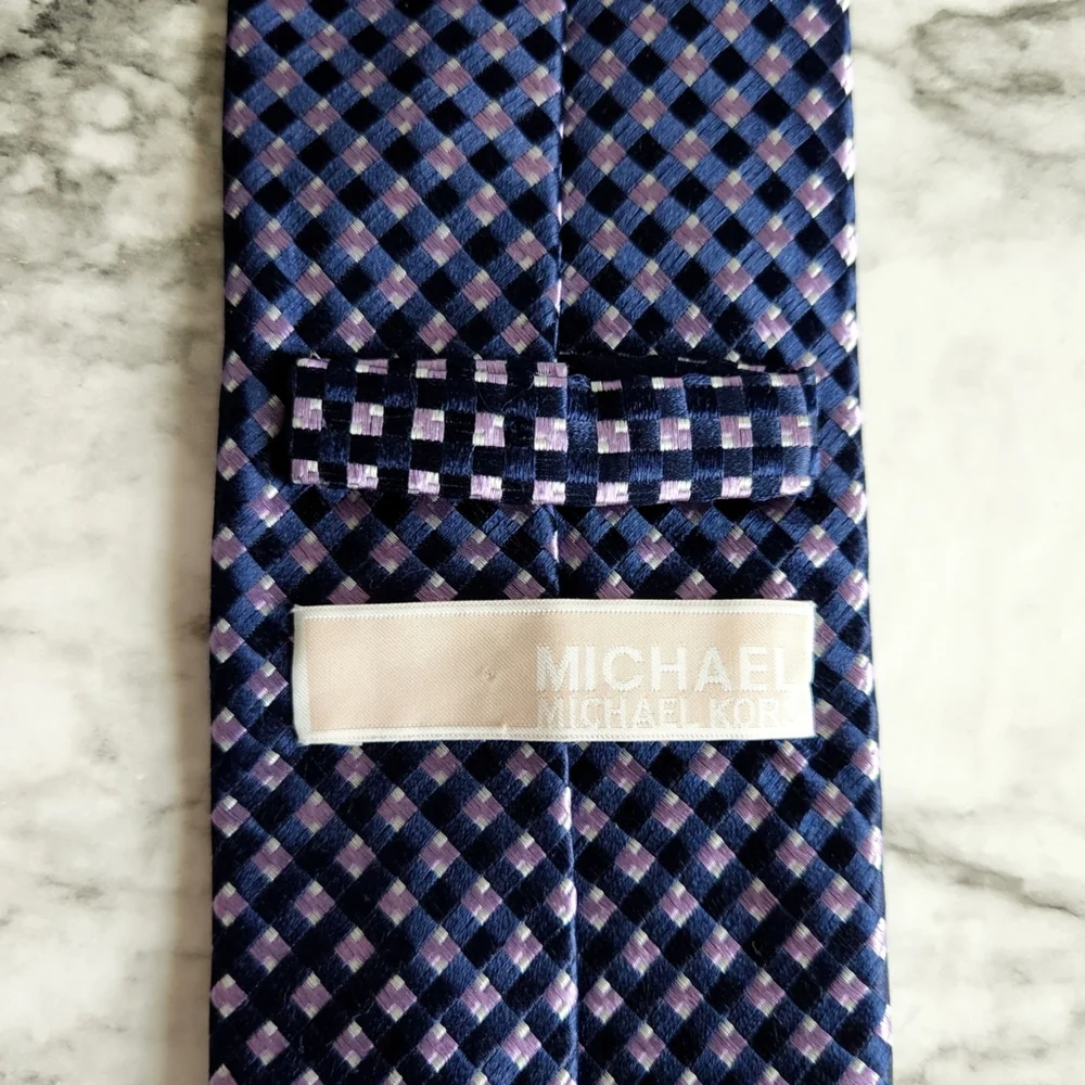 Michael Kors 100% Silk Navy & Purple Necktie With Gray Flecks